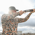 Load image into Gallery viewer, man wearing Gator Waders performance shirt in old school camo